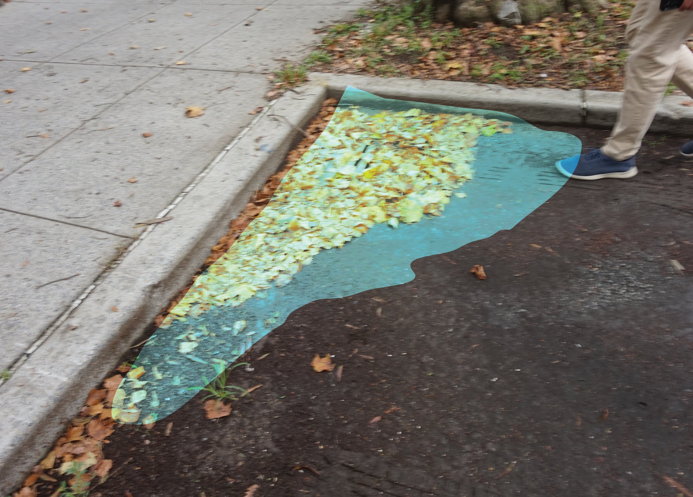 Water ponding around drainage inlets leaves debris accumulated from stormwater flows