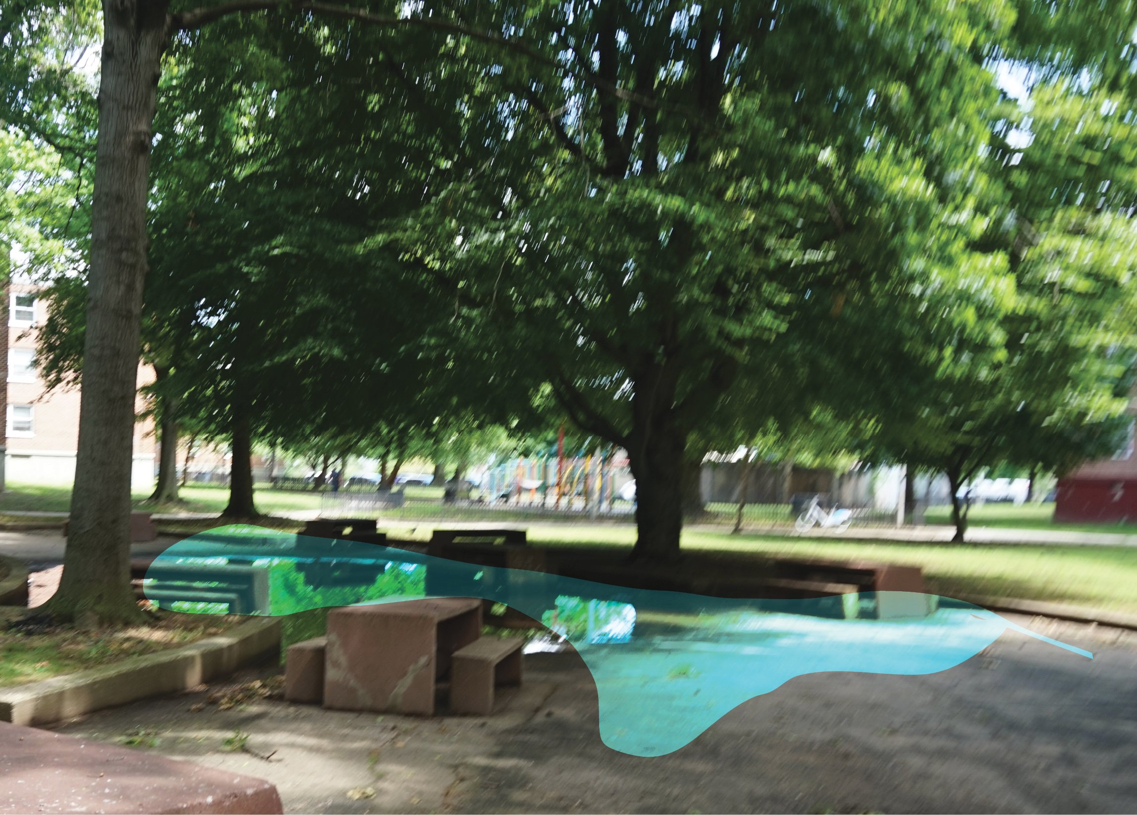 Stormwater accumulates within public gathering spaces